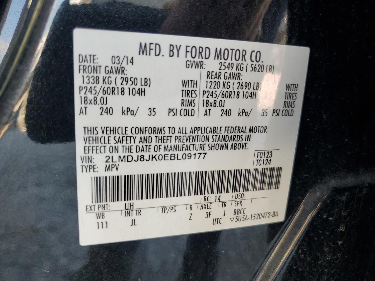 2014 Lincoln Mkx VIN: 2LMDJ8JK0EBL09177 Lot: 80720365