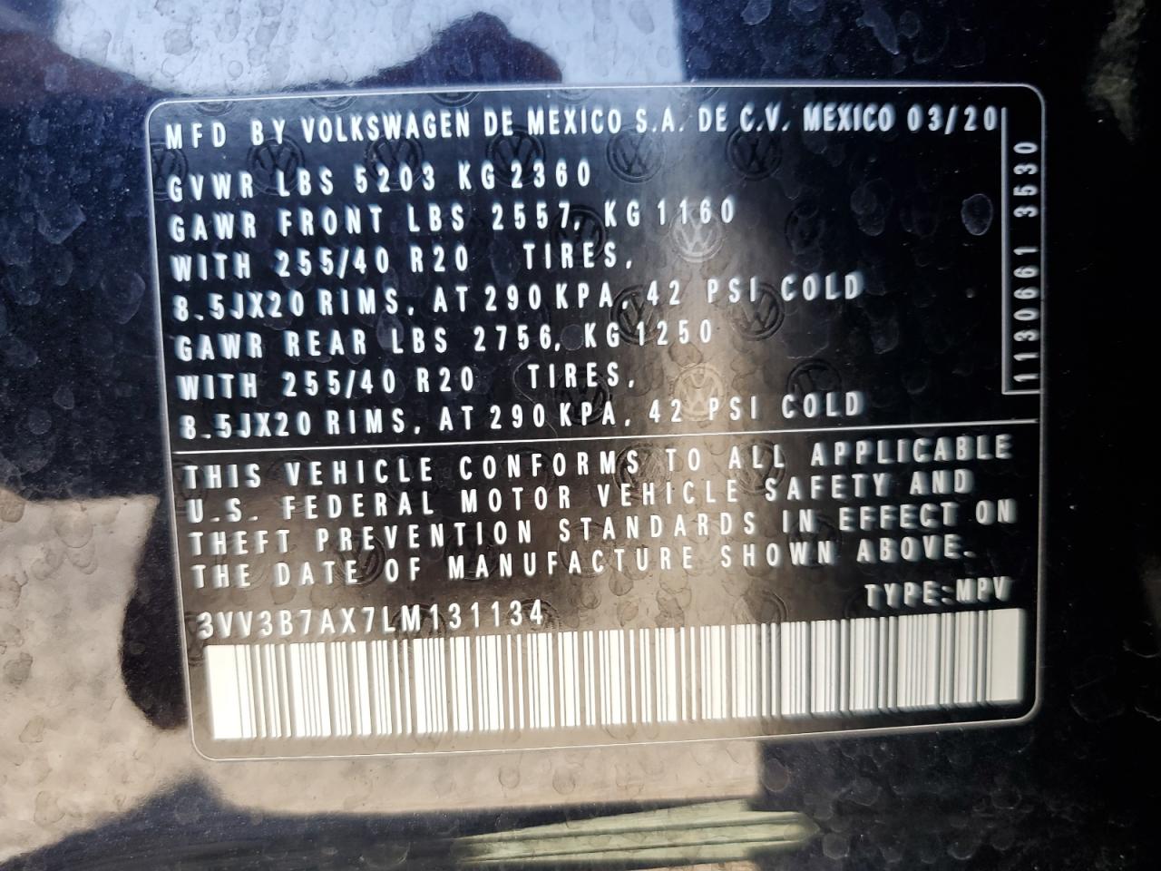 2020 Volkswagen Tiguan Se VIN: 3VV3B7AX7LM131134 Lot: 80225305