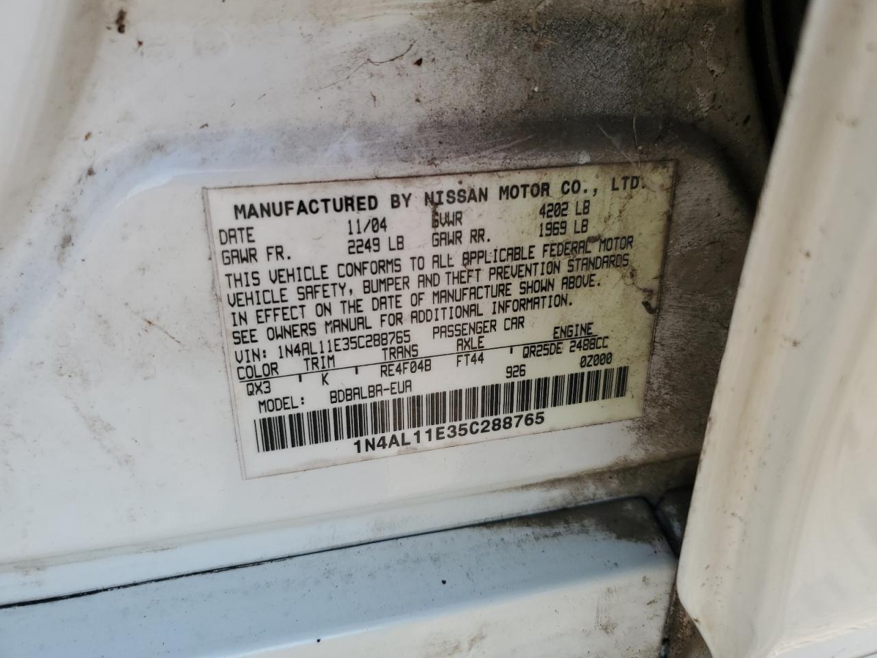 2005 Nissan Altima S VIN: 1N4AL11E35C288765 Lot: 81310655