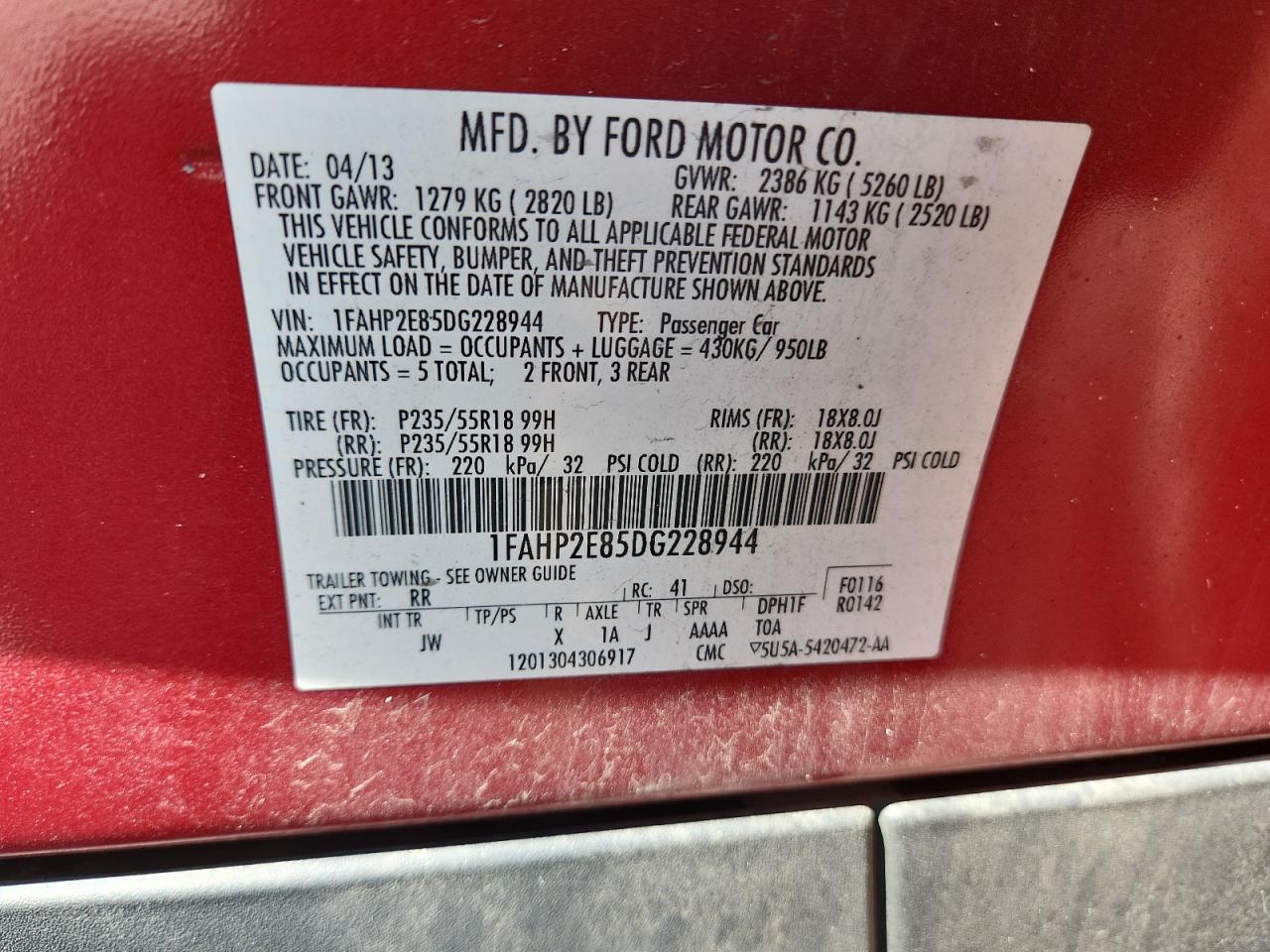 2013 Ford Taurus Sel VIN: 1FAHP2E85DG228944 Lot: 80210545