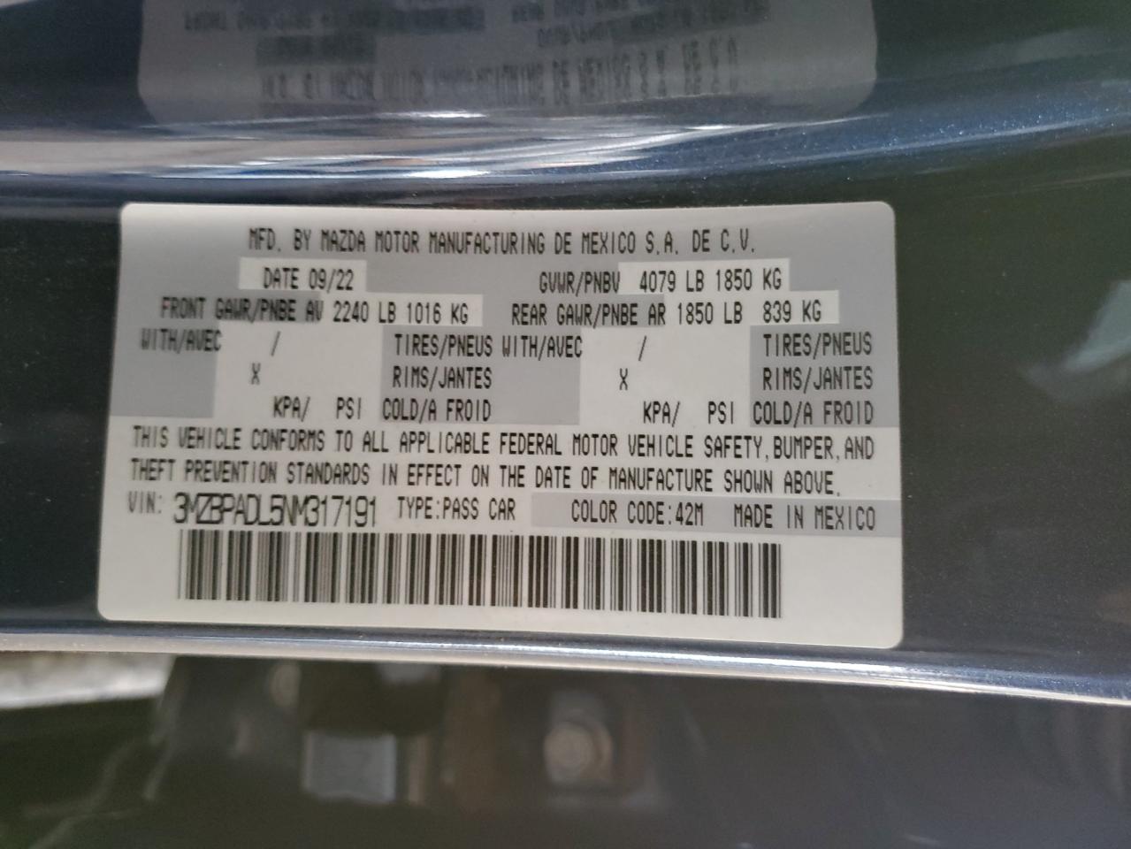 2022 Mazda 3 Premium VIN: 3MZBPADL5NM317191 Lot: 80834765