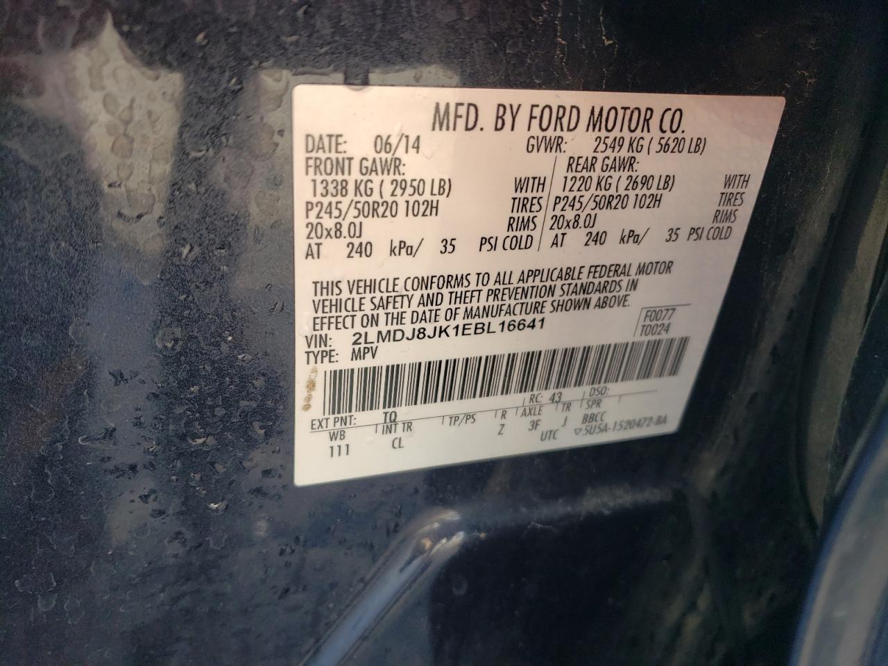 2014 Lincoln Mkx VIN: 2LMDJ8JK1EBL16641 Lot: 82058395