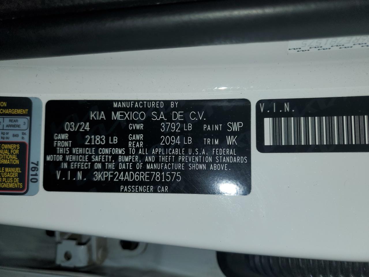 2024 Kia Forte Lx VIN: 3KPF24AD6RE781575 Lot: 84057295