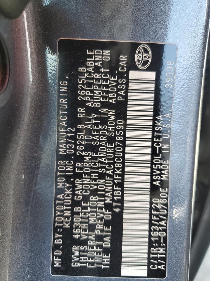 2012 Toyota Camry Base VIN: 4T1BF1FK8CU078590 Lot: 84416895