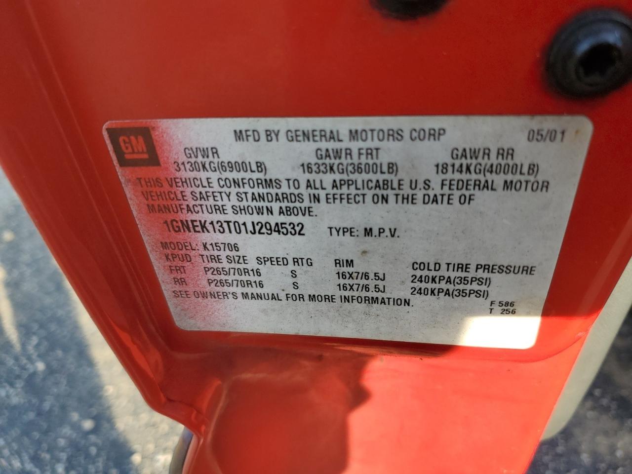 2001 Chevrolet Tahoe K1500 VIN: 1GNEK13T01J294532 Lot: 81104195