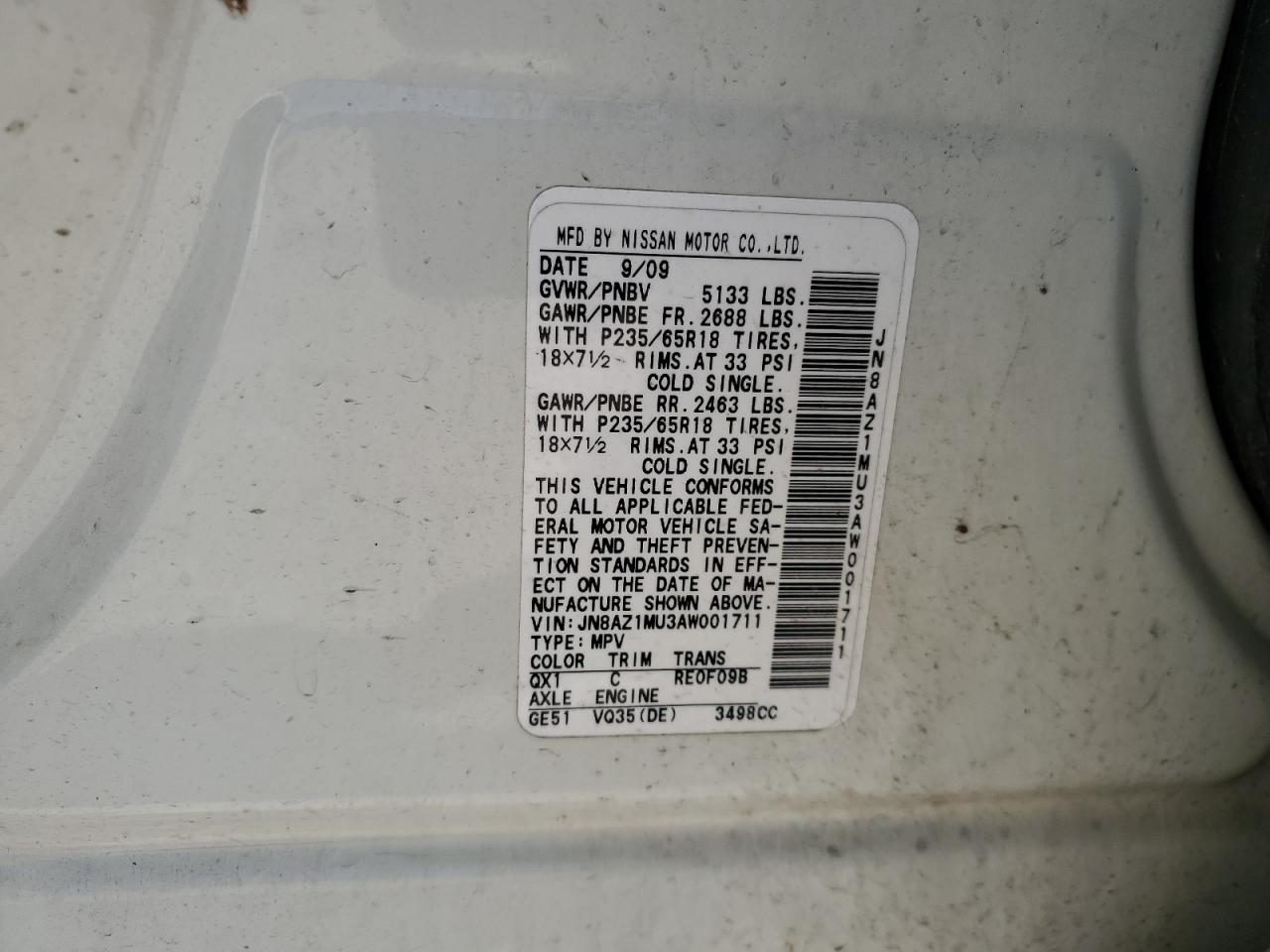 2010 Nissan Murano S VIN: JN8AZ1MU3AW001711 Lot: 69542745