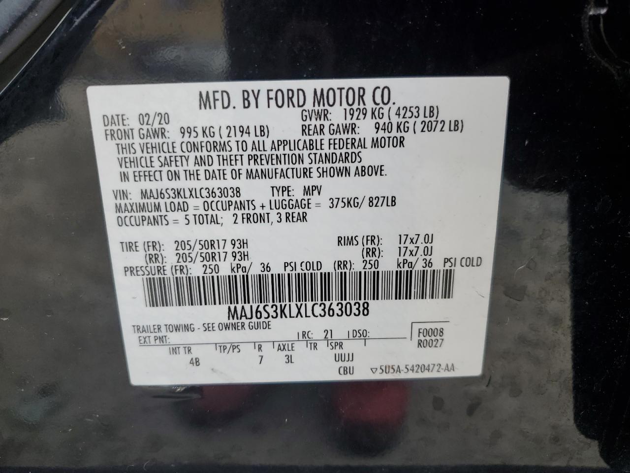 2020 Ford Ecosport Titanium VIN: MAJ6S3KLXLC363038 Lot: 80789515