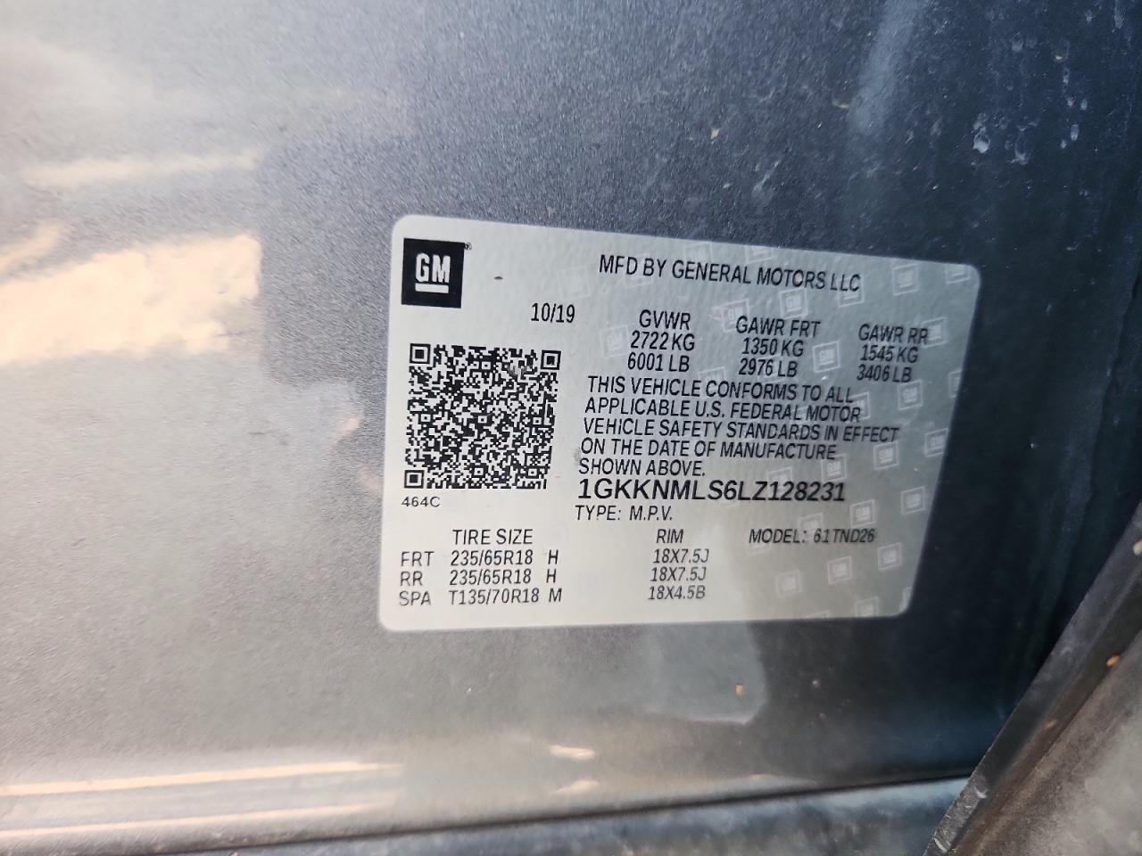 2020 GMC Acadia Slt VIN: 1GKKNMLS6LZ128231 Lot: 81501665