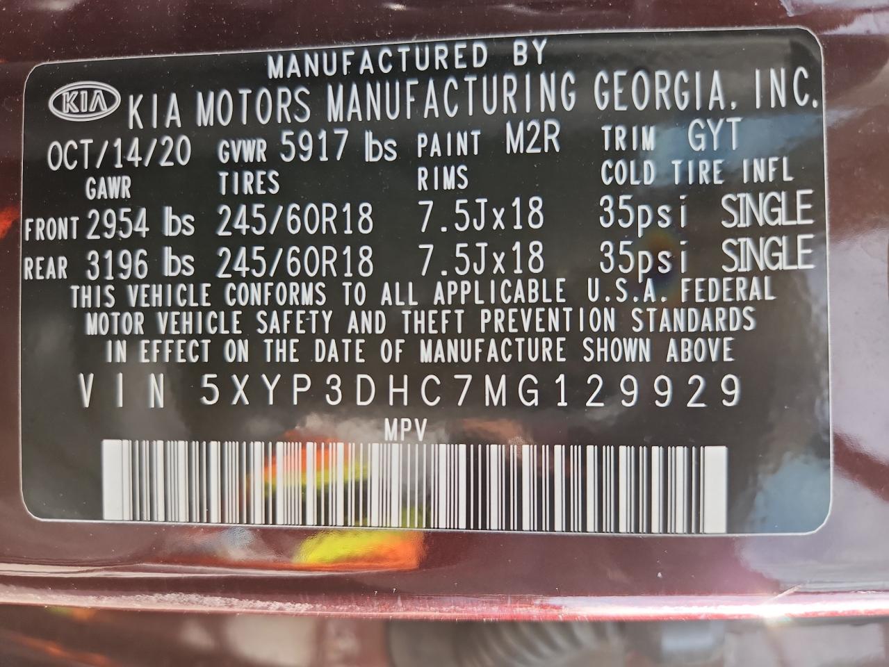 2021 Kia Telluride Ex VIN: 5XYP3DHC7MG129929 Lot: 72091375