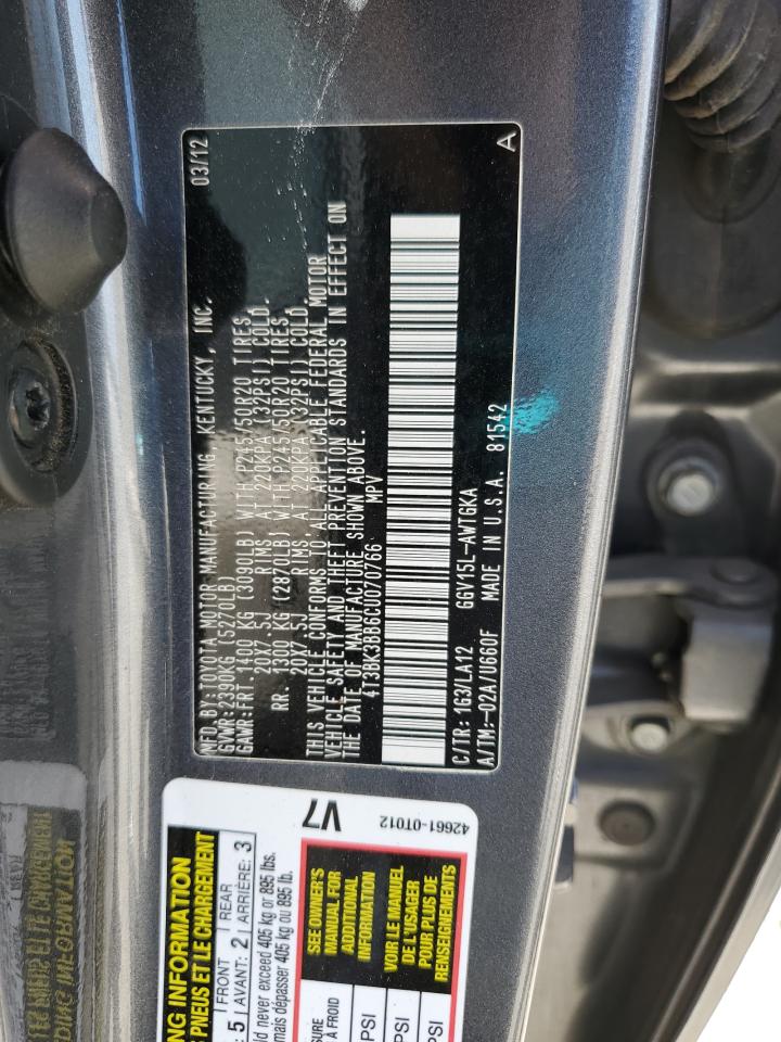 2012 Toyota Venza Le VIN: 4T3BK3BB6CU070766 Lot: 81213905