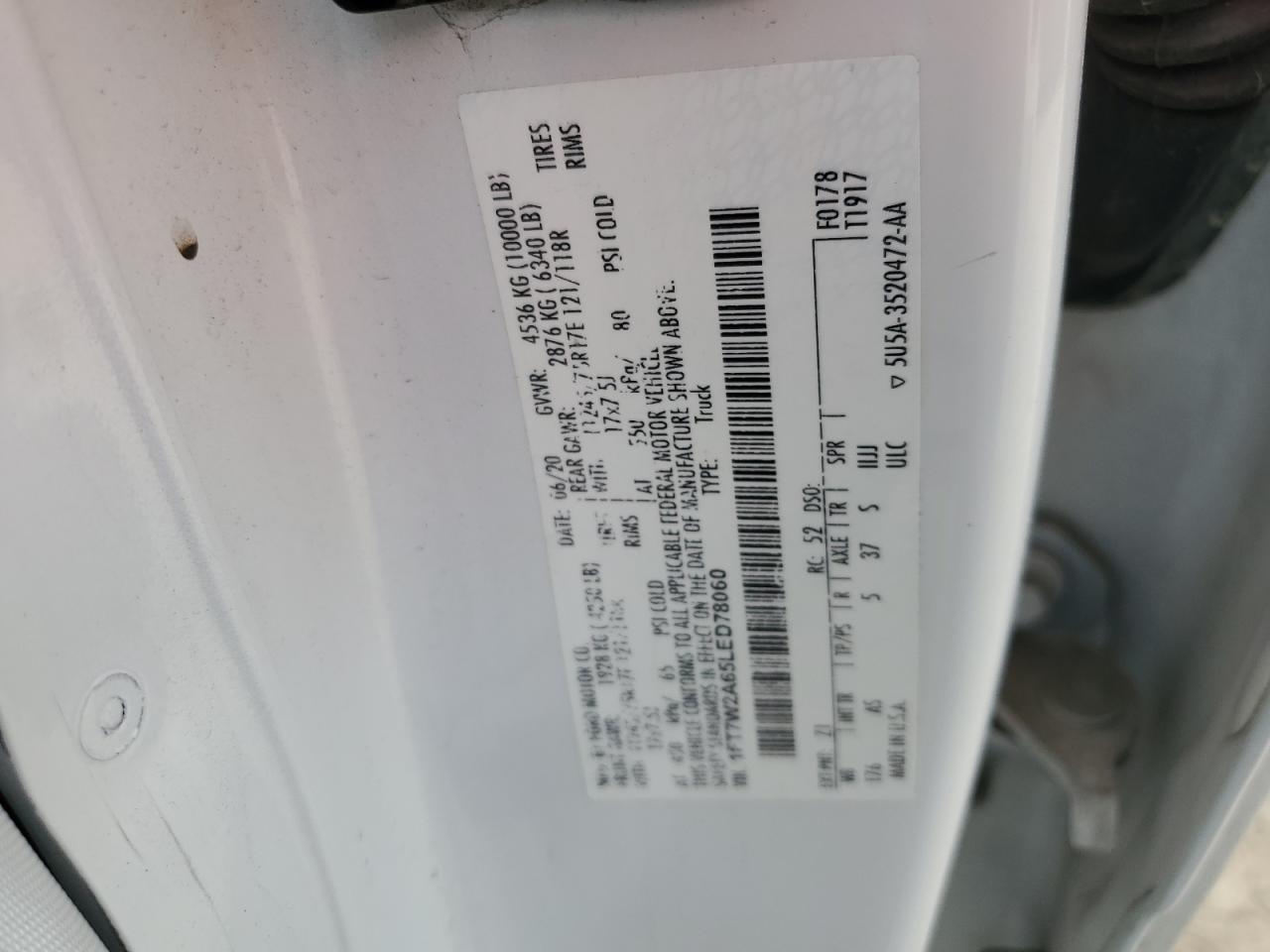 2020 Ford F250 Super Duty VIN: 1FT7W2A65LED78060 Lot: 61562055