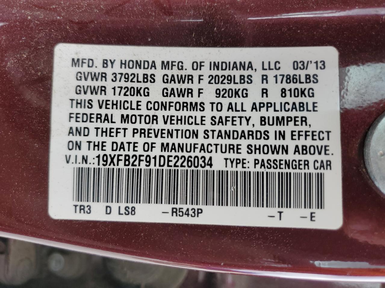 2013 Honda Civic Exl VIN: 19XFB2F91DE226034 Lot: 81771175