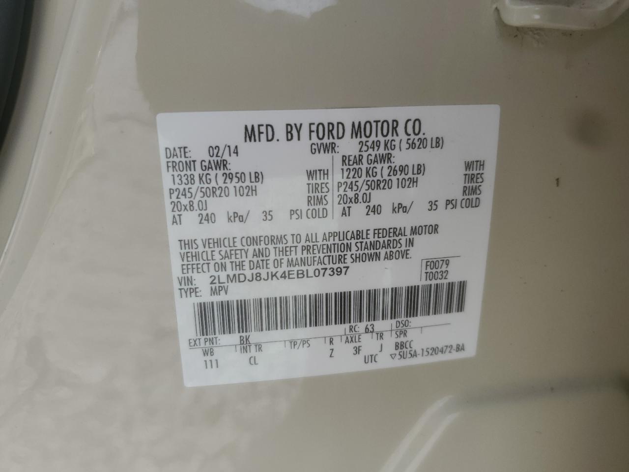 2014 Lincoln Mkx VIN: 2LMDJ8JK4EBL07397 Lot: 81389585