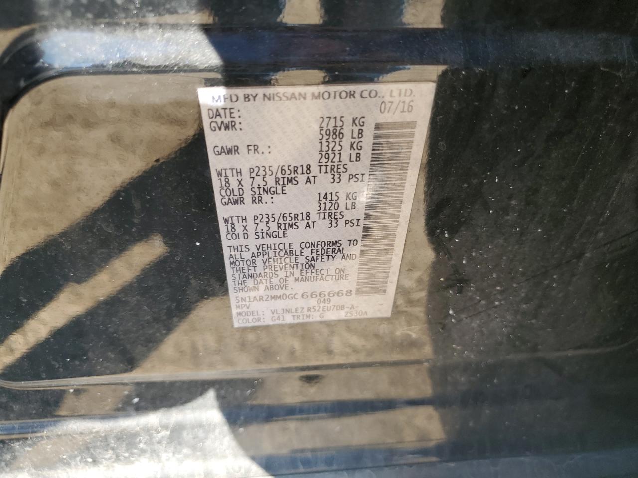 2016 Nissan Pathfinder S VIN: 5N1AR2MM0GC666668 Lot: 70889945