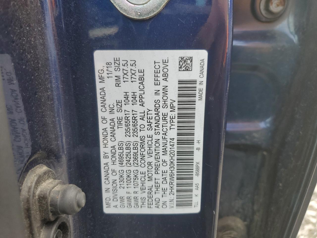 2019 Honda Cr-V Lx VIN: 2HKRW6H30KH201474 Lot: 72077895