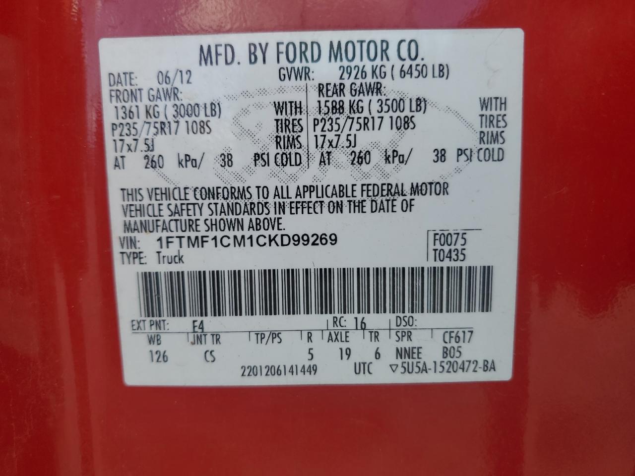 2012 Ford F150 VIN: 1FTMF1CM1CKD99269 Lot: 70623545