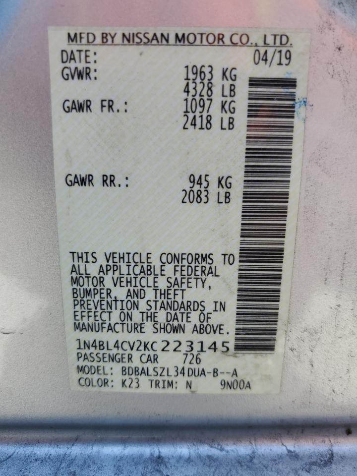 2019 Nissan Altima Sr VIN: 1N4BL4CV2KC223145 Lot: 71199635