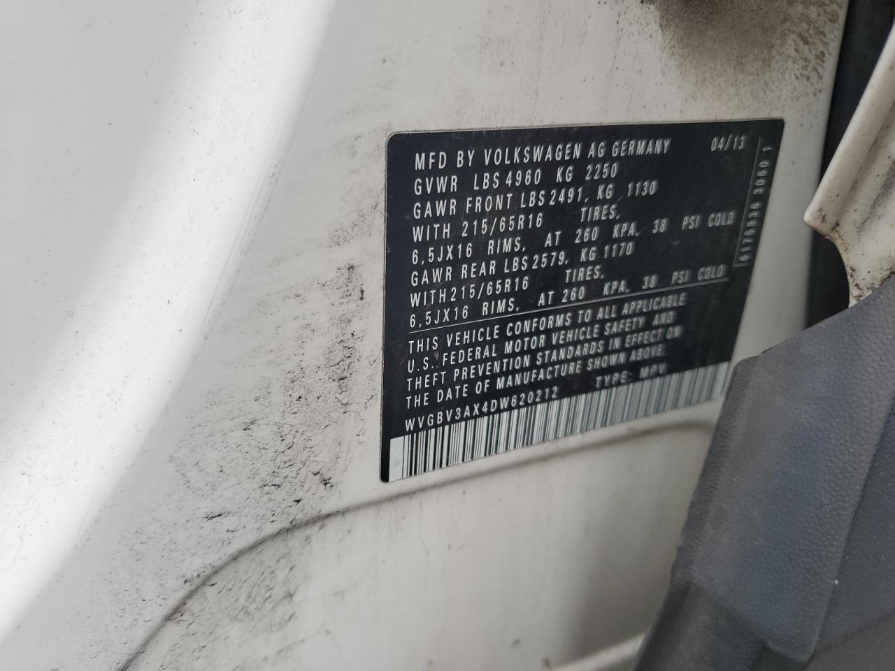 2013 Volkswagen Tiguan S VIN: WVGBV3AX4DW620212 Lot: 81114705