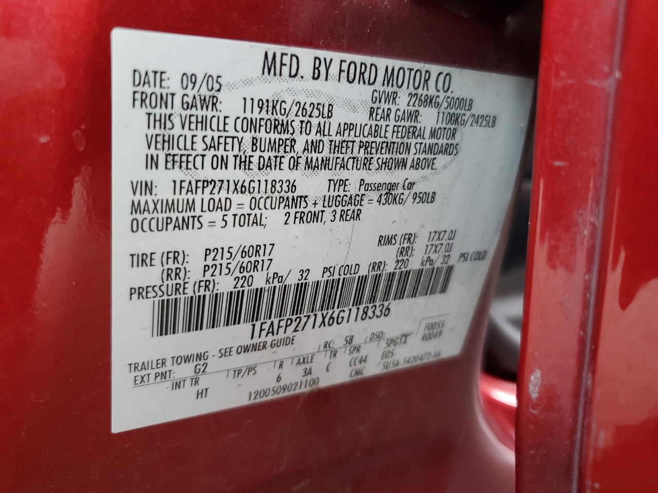 2006 Ford Five Hundred Sel VIN: 1FAFP271X6G118336 Lot: 81542315