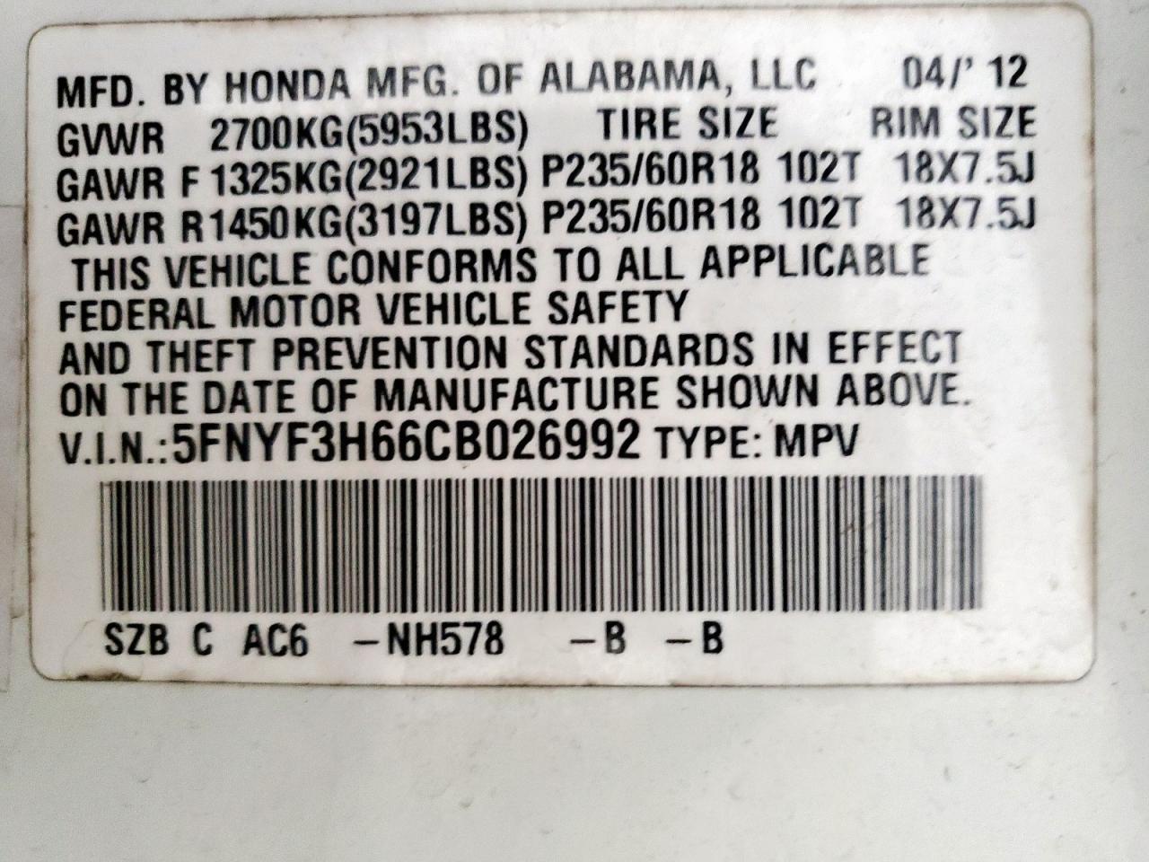 2012 Honda Pilot Exl VIN: 5FNYF3H66CB026992 Lot: 80520635