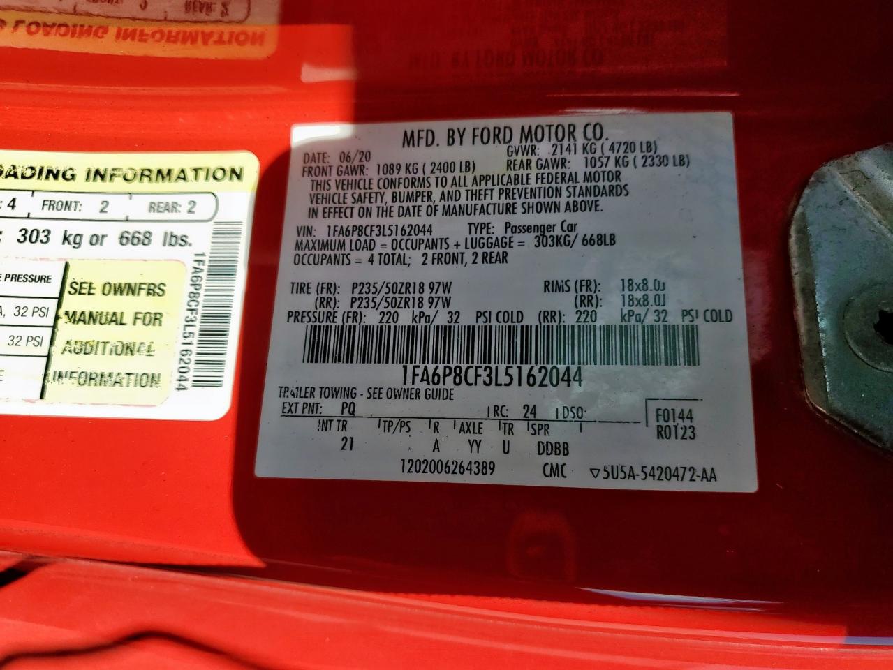 2020 Ford Mustang Gt VIN: 1FA6P8CF3L5162044 Lot: 81256065