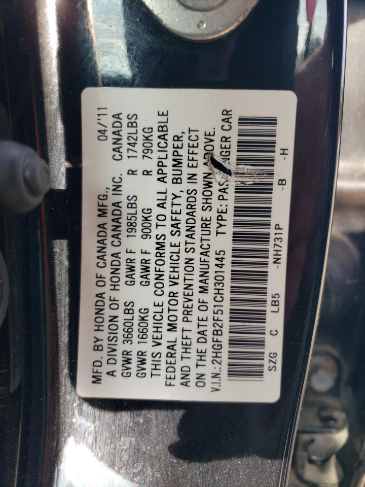 2012 Honda Civic Lx VIN: 2HGFB2F51CH301445 Lot: 81674245