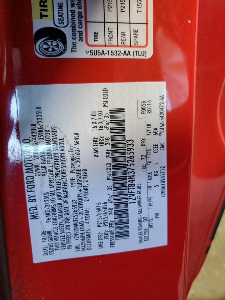 2007 Ford Mustang VIN: 1ZVFT84N375265933 Lot: 71859365