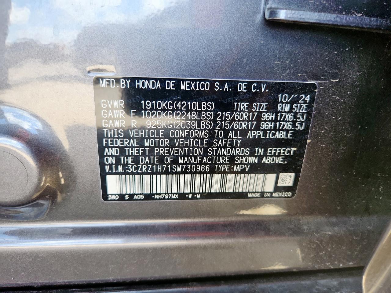 2025 Honda Hr-V Exl VIN: 3CZRZ1H71SM730966 Lot: 81442045