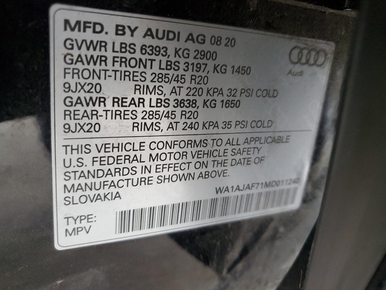 2021 Audi Q7 Premium VIN: WA1AJAF71MD011240 Lot: 71496475