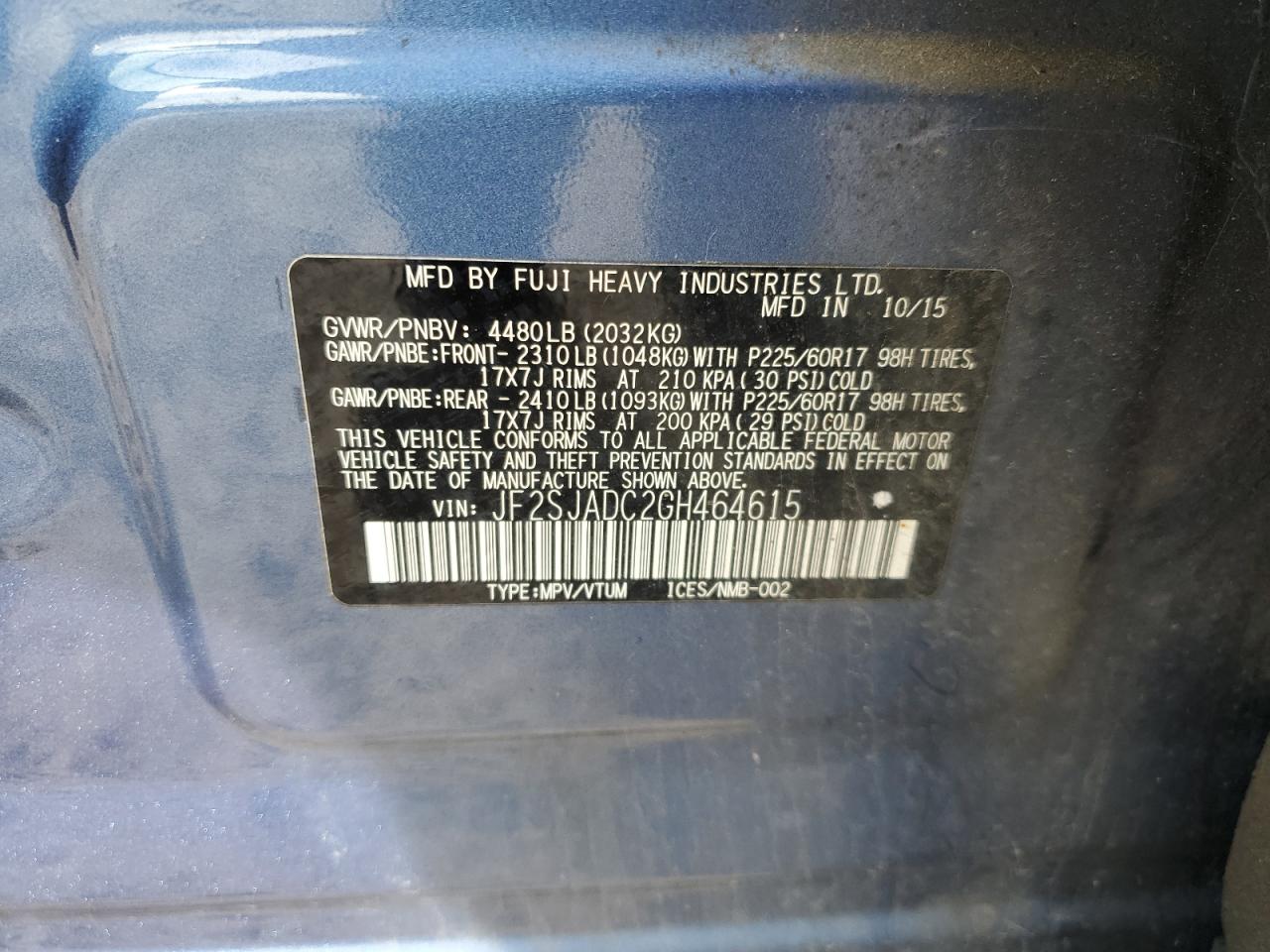 2016 Subaru Forester 2.5I Premium VIN: JF2SJADC2GH464615 Lot: 62223175