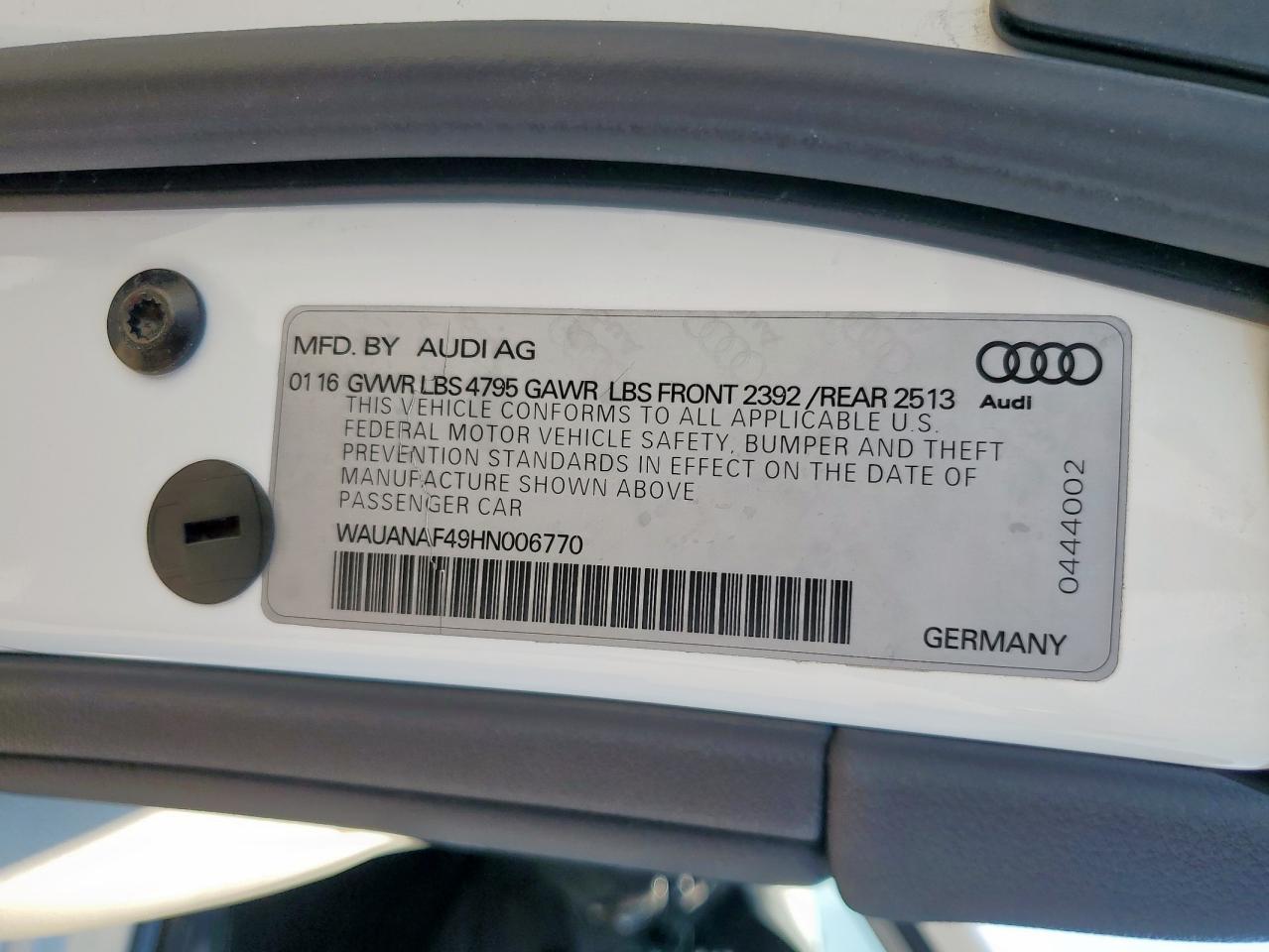 2017 Audi A4 Premium VIN: WAUANAF49HN006770 Lot: 83822695