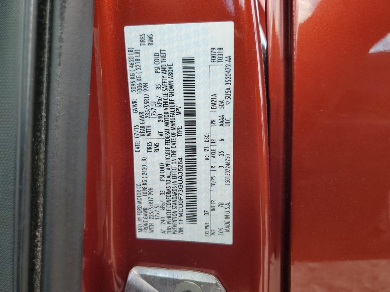 2016 Ford Escape S VIN: 1FMCU0F73GUA35264 Lot: 81944035