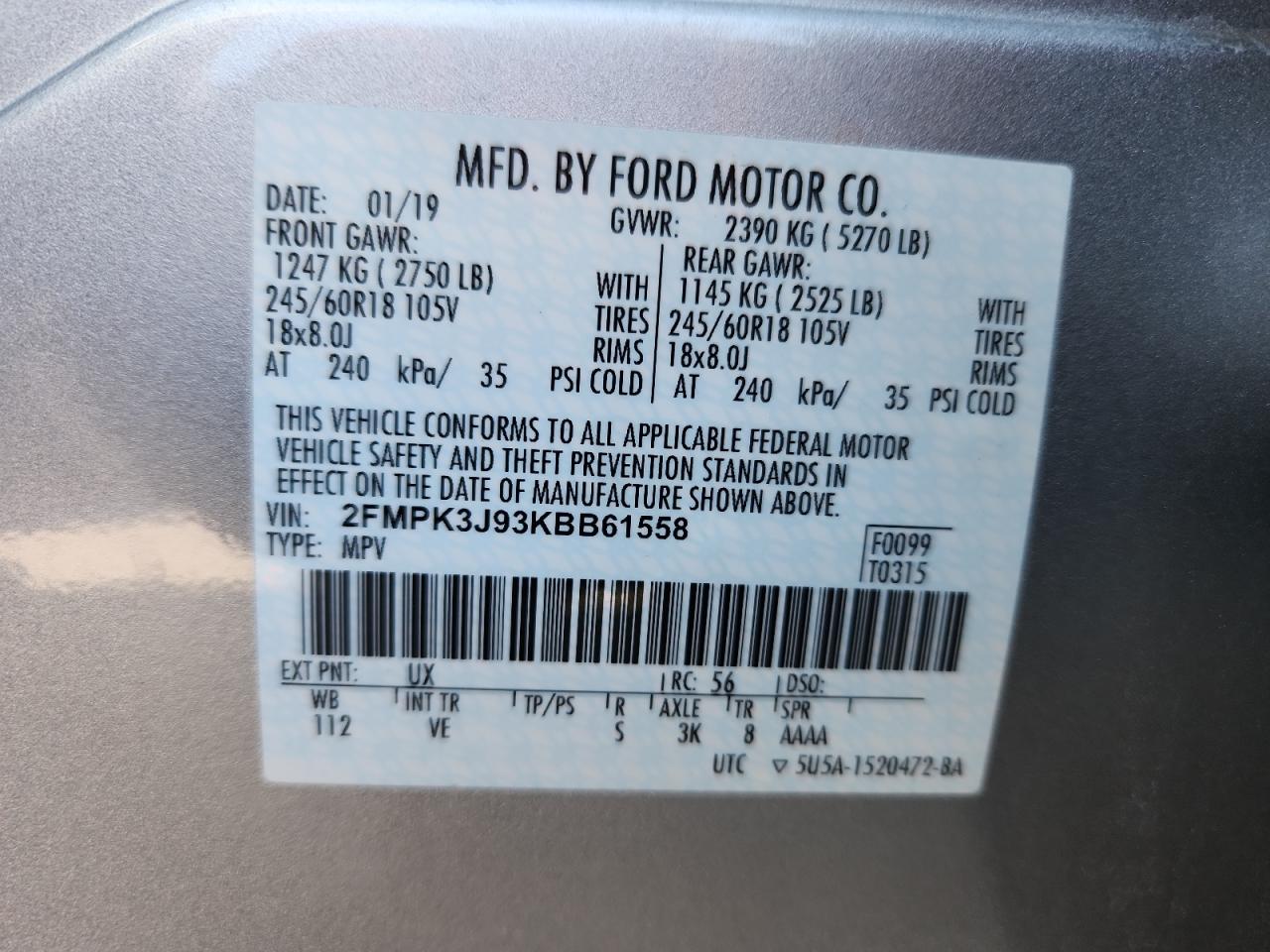 2019 Ford Edge Sel VIN: 2FMPK3J93KBB61558 Lot: 84460095