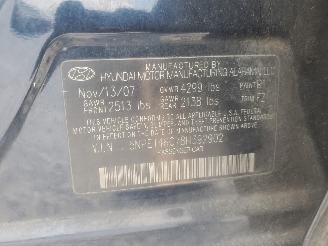 2008 Hyundai Sonata Gls VIN: 5NPET46C78H392902 Lot: 80819535