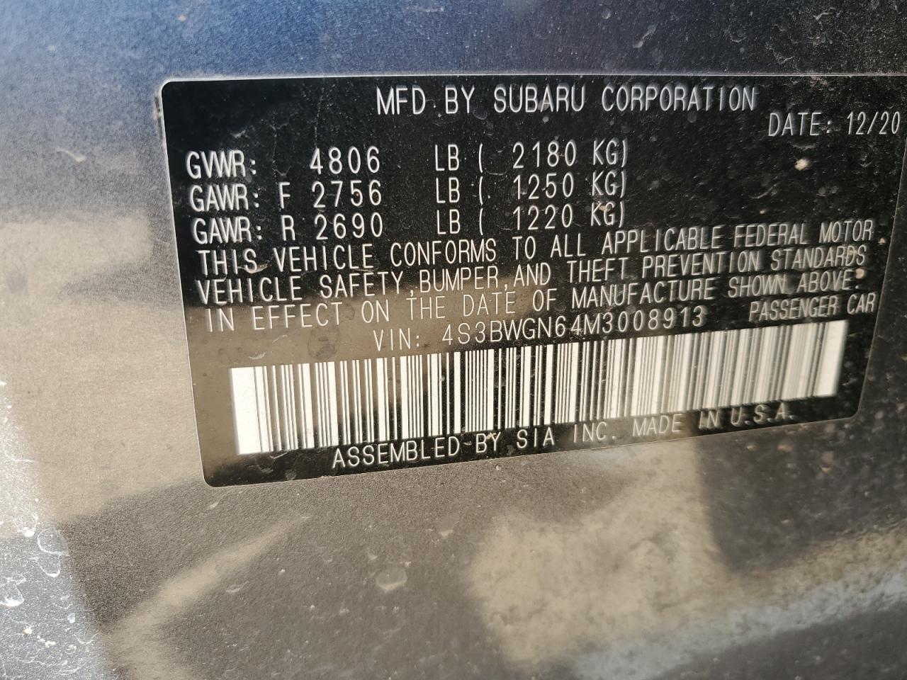 2021 Subaru Legacy Limited Xt VIN: 4S3BWGN64M3008913 Lot: 80338705