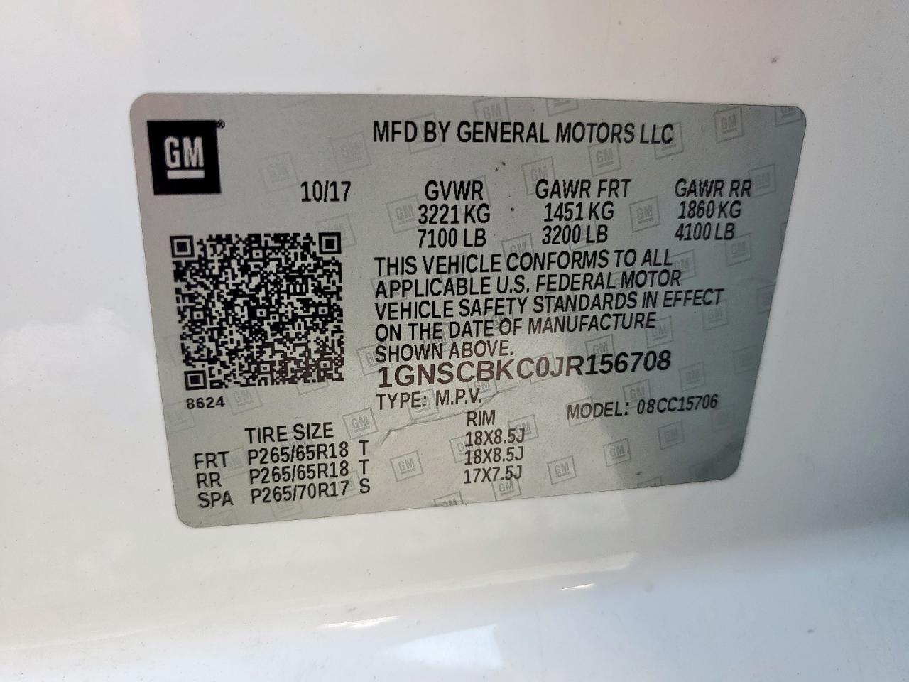 2018 Chevrolet Tahoe C1500 Lt VIN: 1GNSCBKC0JR156708 Lot: 70139625