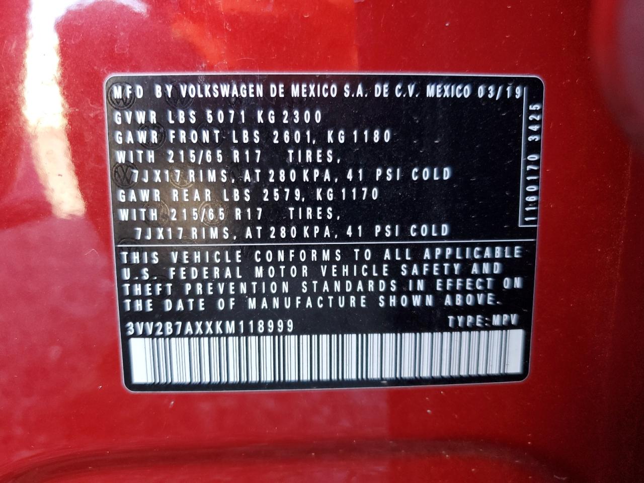 2019 Volkswagen Tiguan Se VIN: 3VV2B7AXXKM118999 Lot: 71593945