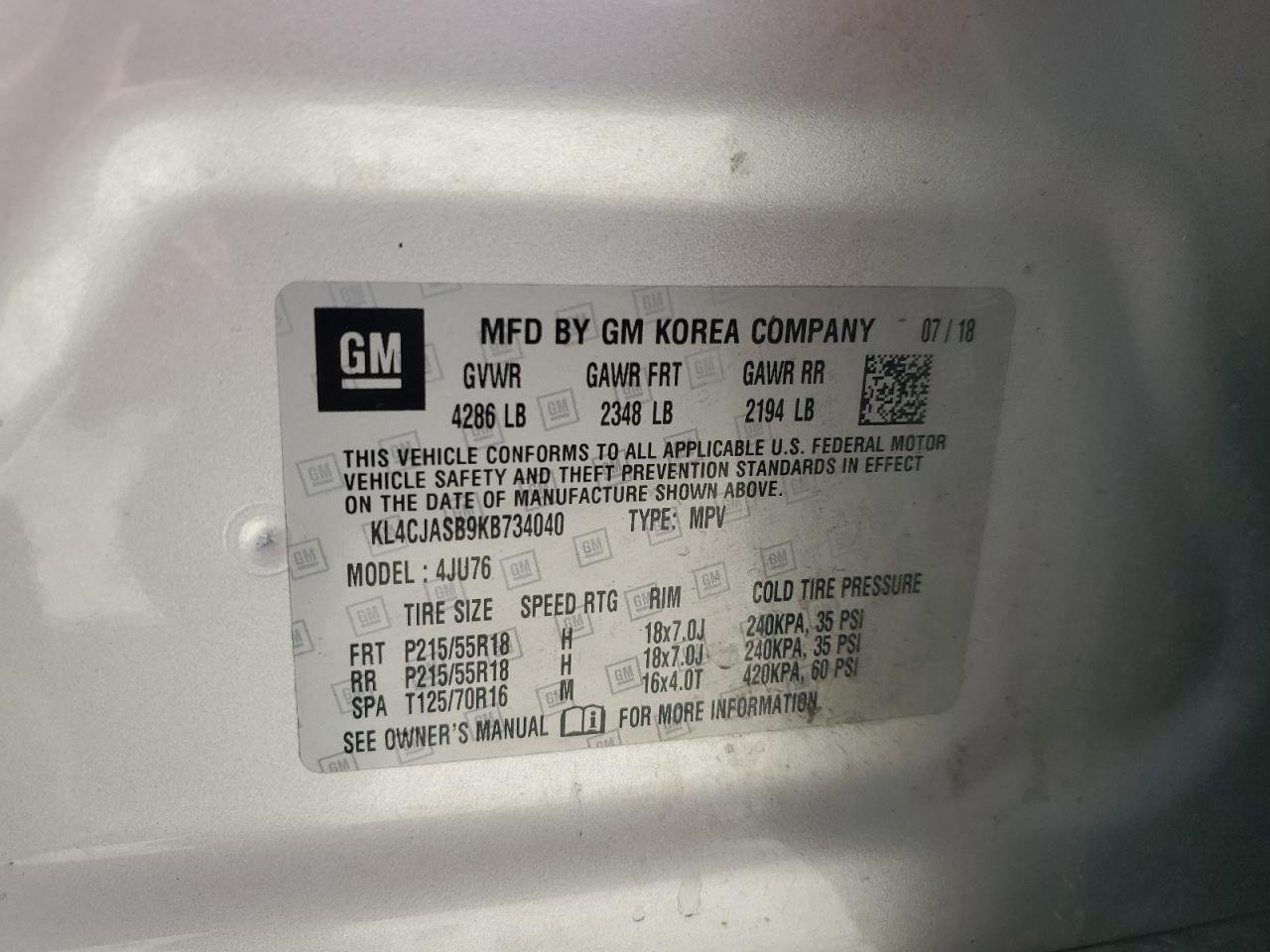 2019 Buick Encore Preferred VIN: KL4CJASB9KB734040 Lot: 80653785