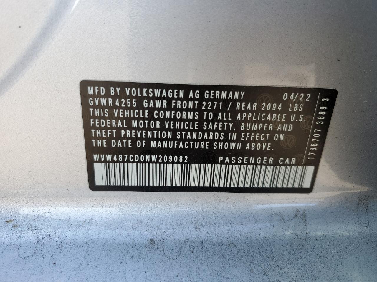 2022 Volkswagen Gti Se VIN: WVW487CD0NW209082 Lot: 81609885