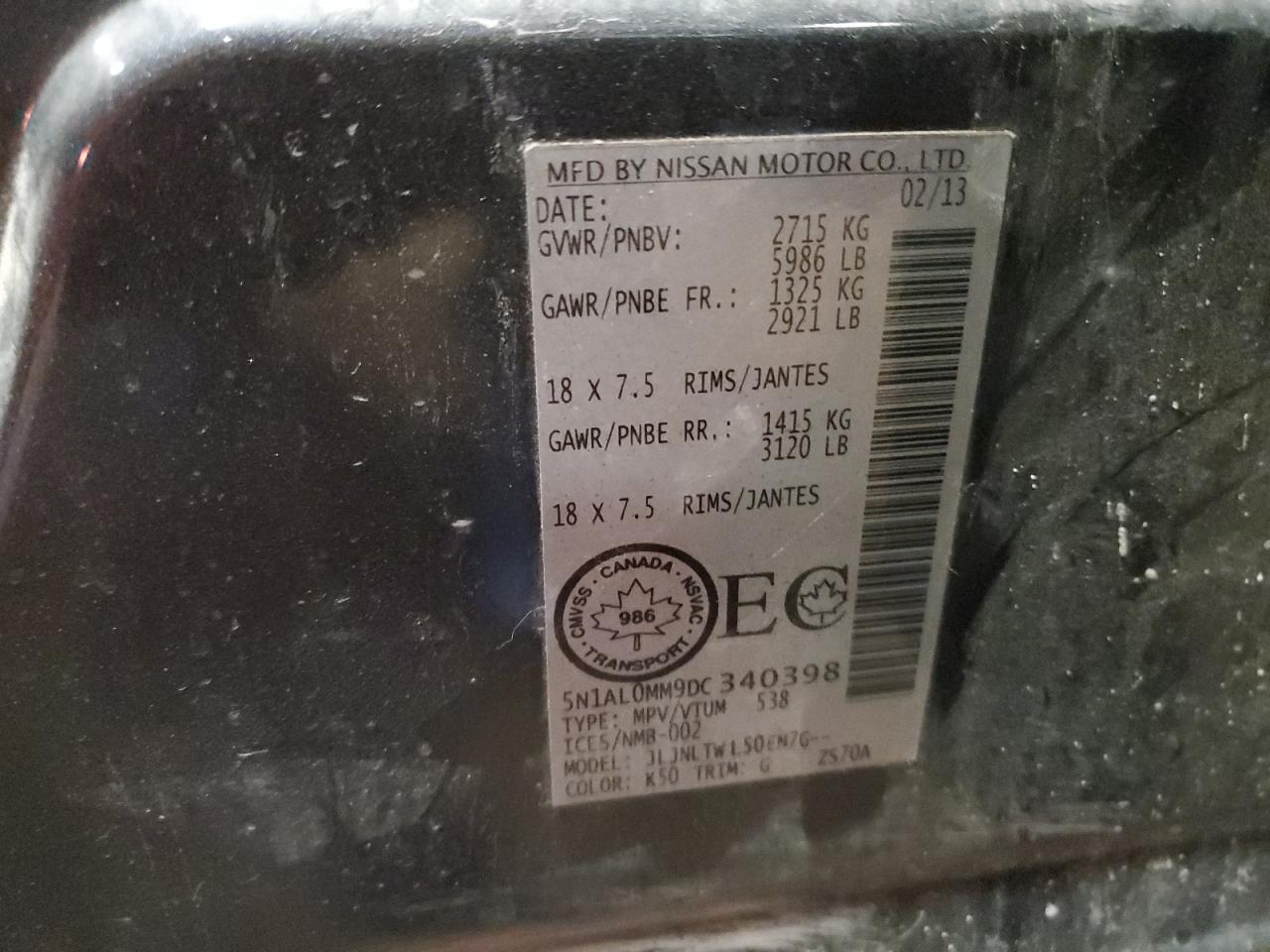 2013 Infiniti Jx35 VIN: 5N1AL0MM9DC340398 Lot: 70472665