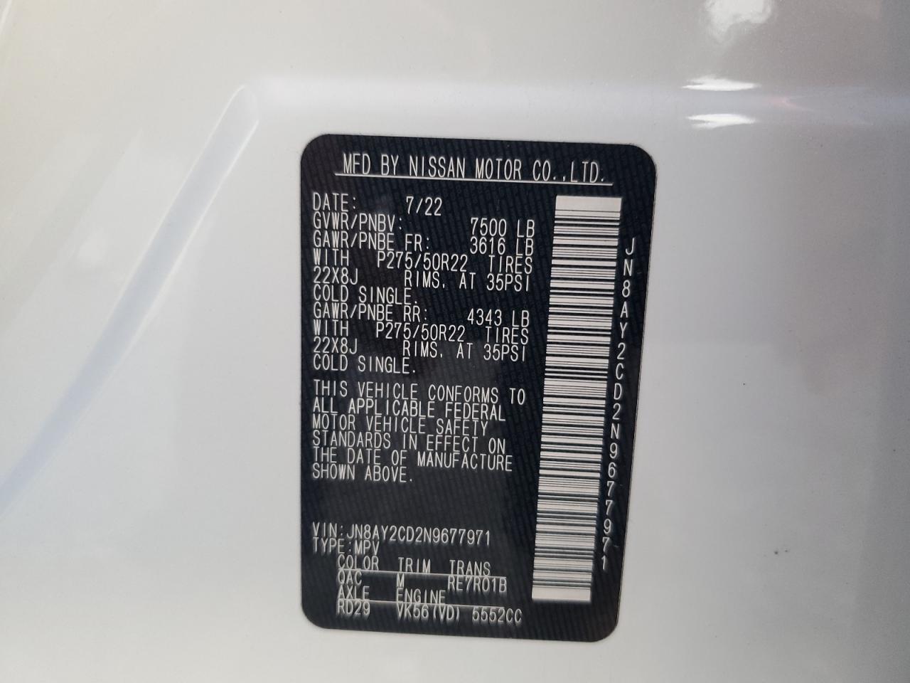2022 Nissan Armada Platinum VIN: JN8AY2CD2N9677971 Lot: 81187615