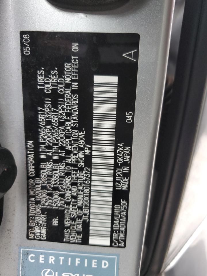2008 Lexus Gx 470 VIN: JTJBT20X180167372 Lot: 70952525