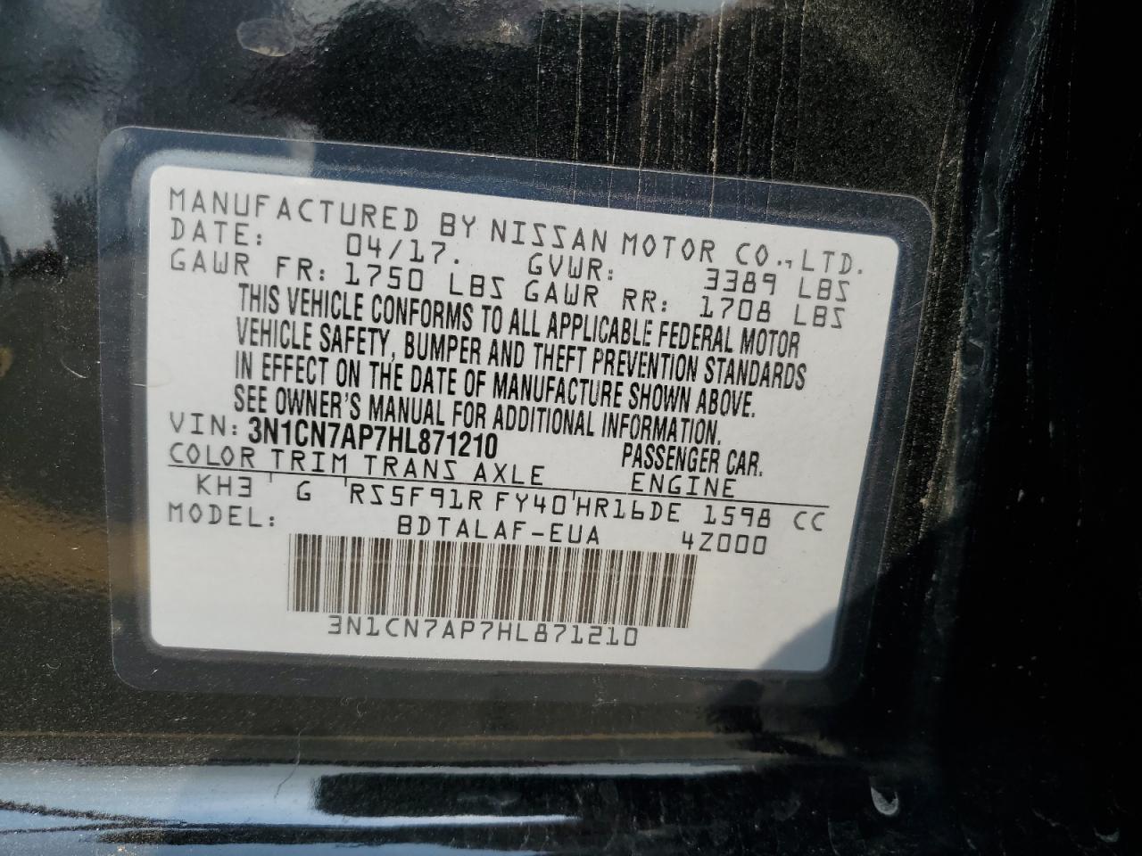 2017 Nissan Versa S VIN: 3N1CN7AP7HL871210 Lot: 71888295