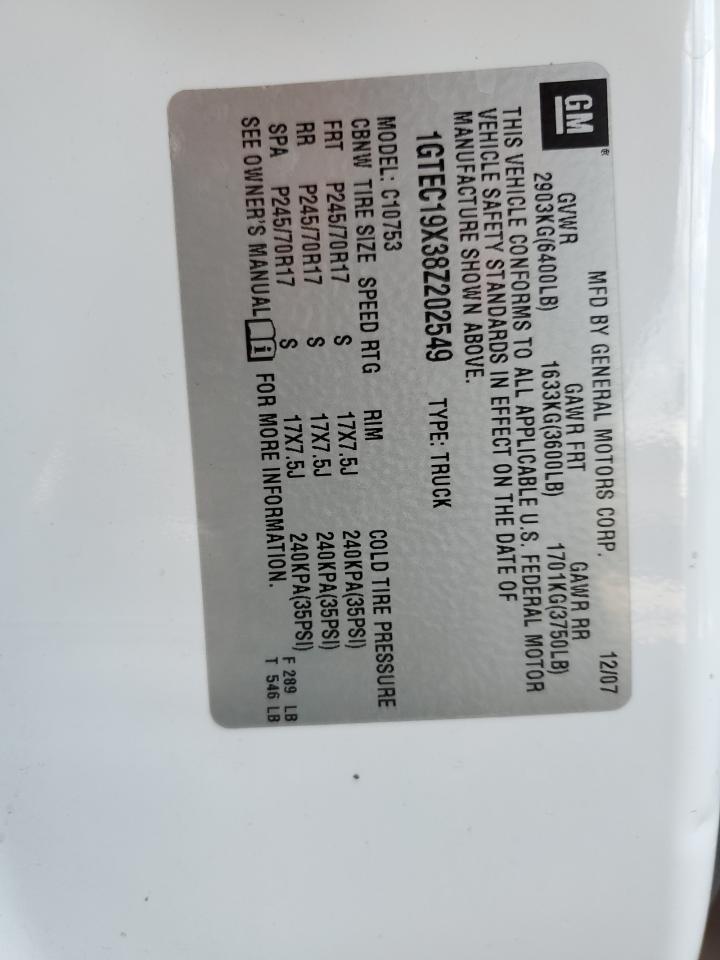 2008 GMC Sierra C1500 VIN: 1GTEC19X38Z202549 Lot: 71736885