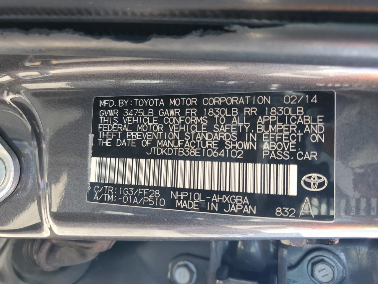 2014 Toyota Prius C VIN: JTDKDTB38E1064102 Lot: 84213635