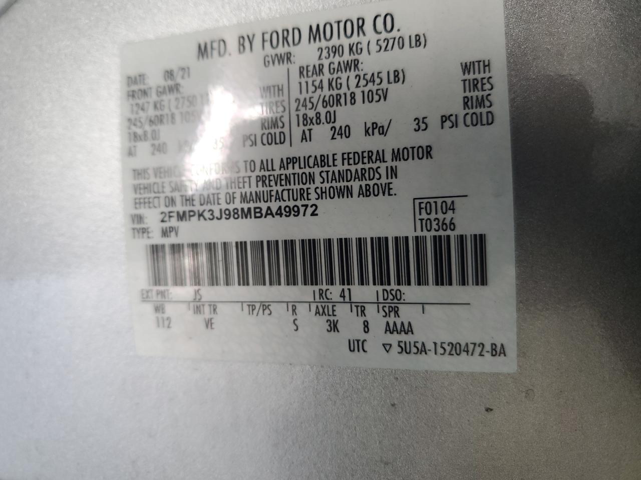 2021 Ford Edge Sel VIN: 2FMPK3J98MBA49972 Lot: 80495725