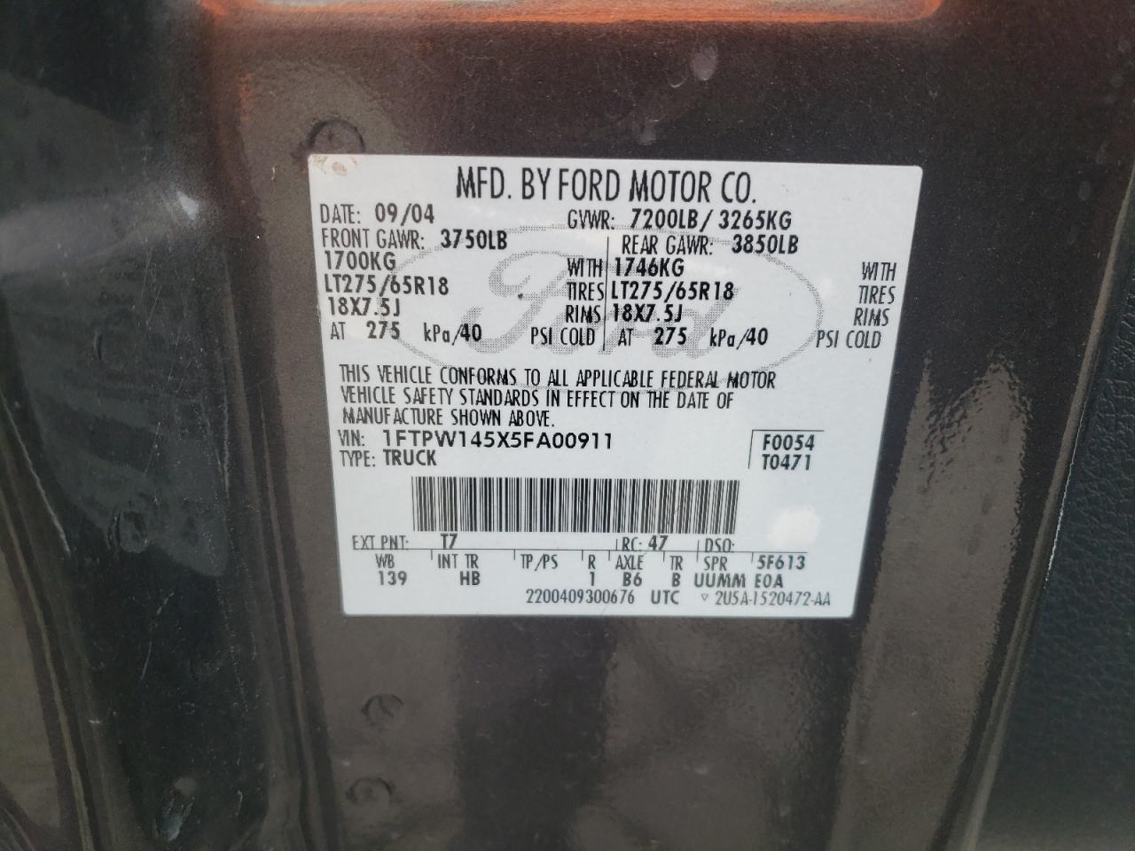 2005 Ford F150 Supercrew VIN: 1FTPW145X5FA00911 Lot: 71364345