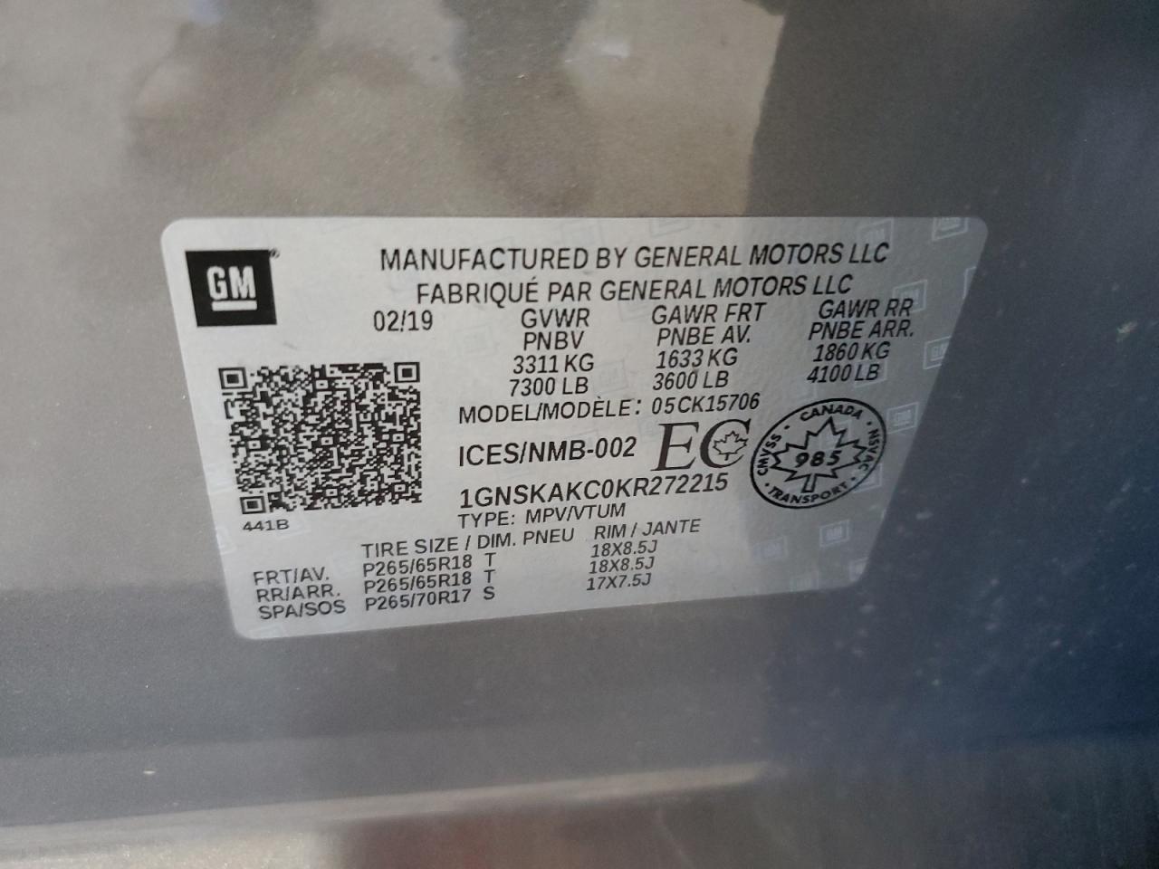 2019 Chevrolet Tahoe K1500 Ls VIN: 1GNSKAKC0KR272215 Lot: 80454165