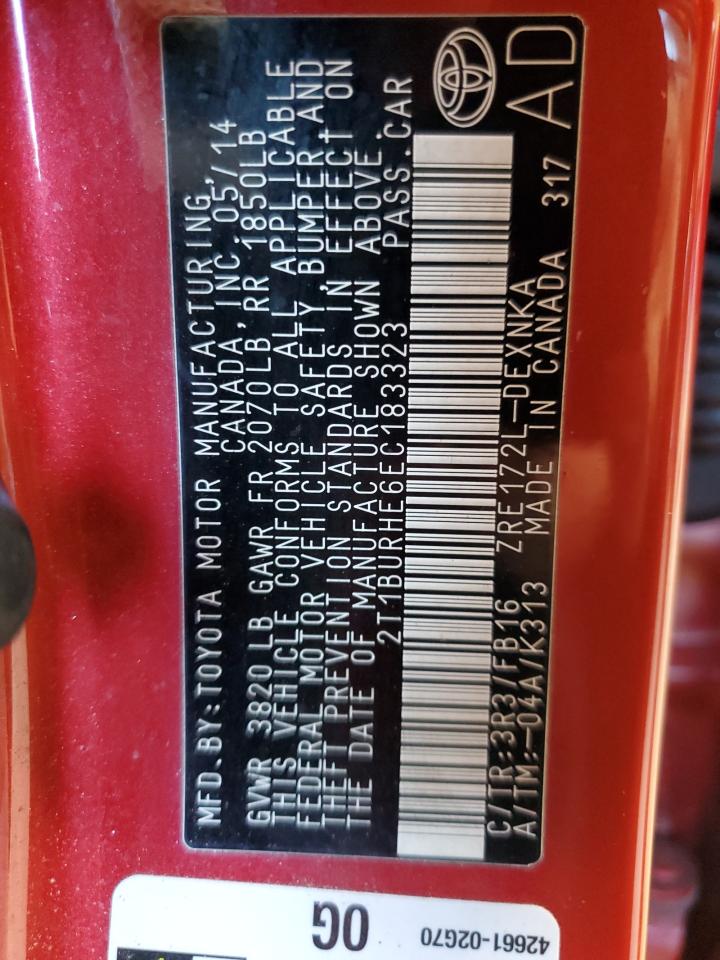 2014 Toyota Corolla L VIN: 2T1BURHE6EC183323 Lot: 84441795