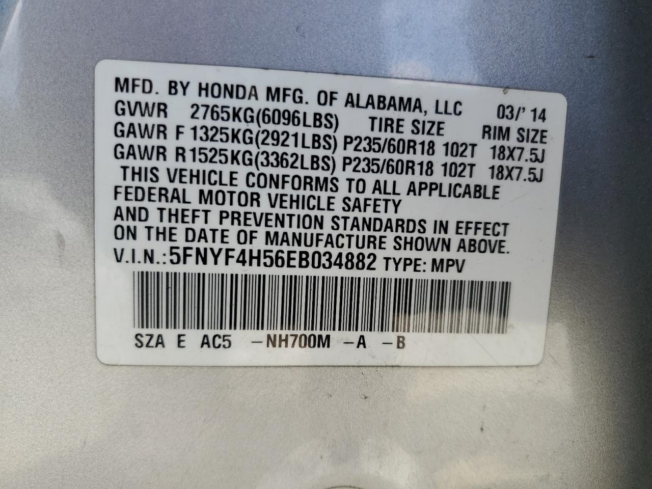 2014 Honda Pilot Exl VIN: 5FNYF4H56EB034882 Lot: 71835745